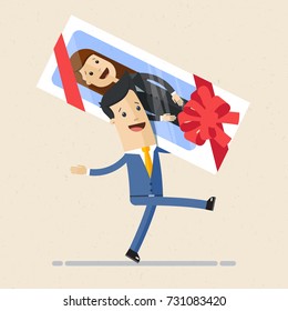 Businessman carry woman in gift box. Concept of new, valuable employee. Vector, illustration, flat