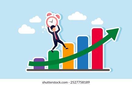 A businessman carrying an alarm clock climbs a rising graph, illustrating how an efficient team performance boosts the company's success.