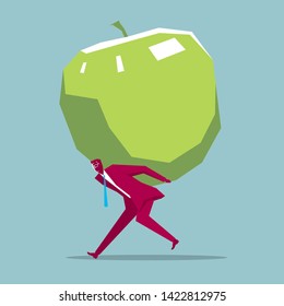 Businessman carrying an apple. Isolated on blue background.