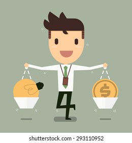 Businessman carrying a balance scale with both hands weighing ideas and money, Vector cartoon concept abstract business