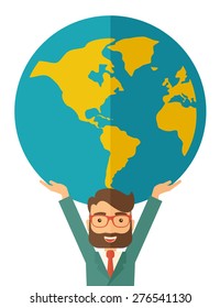 A businessman carrying big globe it is a symbol that he is number one in the world in business society. A Contemporary style. Vector flat design illustration isolated white background. Vertical layout