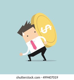 Businessman carrying big and heavy gold coin on his back. vector