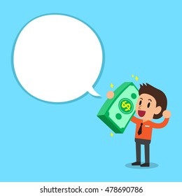 Businessman carrying big money stack with white speech bubble