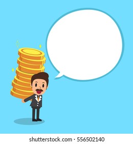 Businessman carrying big money stack with white speech bubble