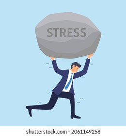 Businessman carrying big stone or problem in flat design. Stress from work concept vector illustration.