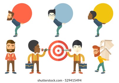 Businessman carrying a big stone symbolizing business debt. Businessman carrying debt payments for a car and a house. Debt concept. Set of vector flat design illustrations isolated on white background