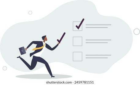 businessman carrying big tick to put on completed task for project tracking.flat vector illustration.