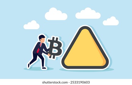 Un hombre de negocios llevando un signo de bitcoin acercándose a una señal de advertencia triangular, ilustración de precaución y conciencia sobre el valor decreciente de bitcoin  