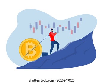 Empresario llevando bitcoin cuesta arriba, Crecimiento, ingresos, ahorros, inversión. Símbolo de riqueza.Ilustración vectorial en estilo plano.