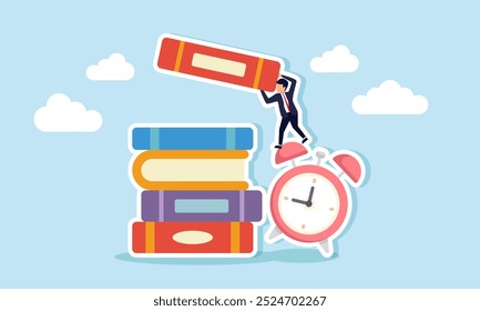 A businessman carrying a book is climbing on an alarm clock to organize the book, an illustration of the completion of a business project report on time.