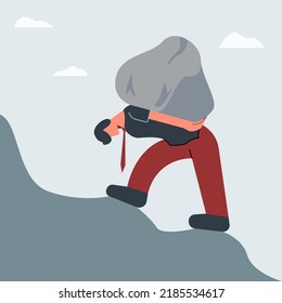 a businessman carrying a boulder on his back. a man walking up a hill with a big stone on his shoulder. a man carrying weight on his shoulder. vector illustration 