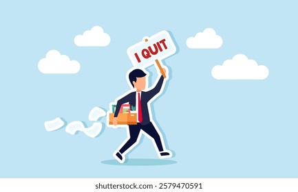 Businessman carrying a box of work tools running while holding a board that says I QUIT, illustration of leaving business pressure or exiting business affiliation