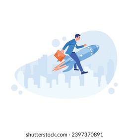 Businessman carrying briefcase flying using jet rocket on blue sky background. Success in business and career concept. Career Development Concept. Trend Modern vector flat illustration
