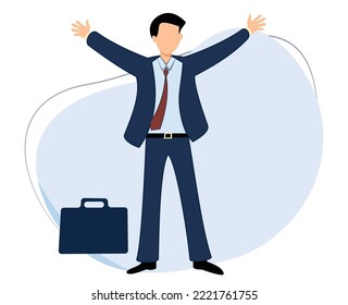 businessman carrying briefcase standing with his arms outstretched. entrepreneurs or workers feel happy