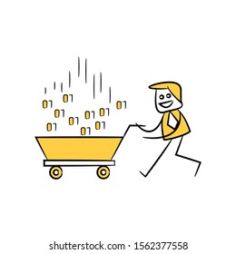 businessman carrying cart with binary data for data mining concept yellow stick figure
