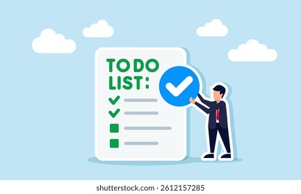 Businessman carrying a check mark next to a checklist paper, illustration of business task validation and verification