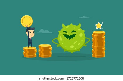 a businessman is carrying a coin. with a green virus as an obstacle. Isolated Vector Illustration