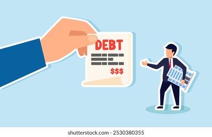 A businessman carrying a company building receives a DEBT bill, illustration of debt collection from a company