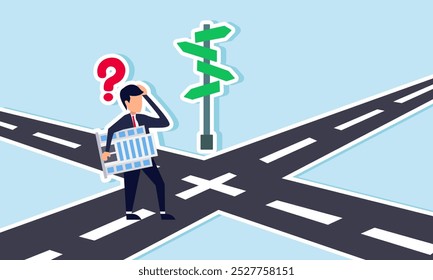 A businessman carrying a company looks confused about which direction to take, illustrating uncertainty in determining corporate policy decisions.