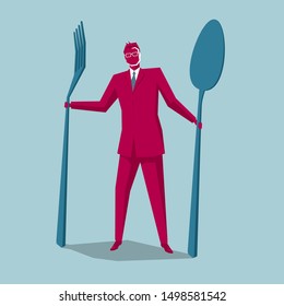 Businessman carrying cutlery. Isolated on blue background.