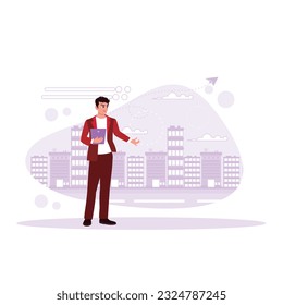 Businessman carrying a digital tablet stands against tall buildings in the background. Trend Modern vector flat illustration.