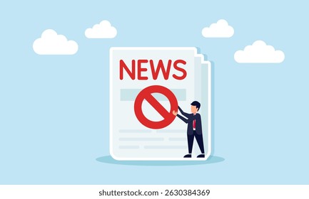 Empresário carregando não ícone ao lado de ilustração de jornal de aviso sobre notícias de baixa qualidade