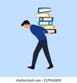 Businessman carrying document files in flat design. Overworked man working in office.