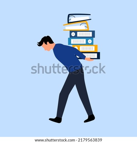 Businessman carrying document files in flat design. Overworked man working in office.