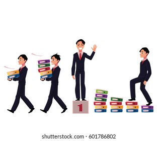 Businessman carrying document folders, standing on victory podium, career ladder, cartoon vector illustration isolated on white background. 