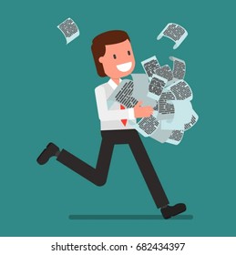 The businessman is carrying documents, running, hurrying. Vector illustration, a flat style design.
