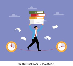 Businessman carrying a lot of documents walks the tightrope 2d flat vector illustration