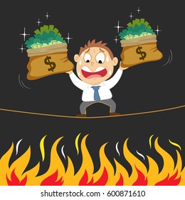 Businessman carrying dollar balancing on a rope over fire, vector illustration cartoon