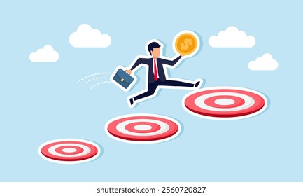 A businessman carrying a dollar coin runs and jumps over a row of target boards, illustration of step-by-step achievement in completing business targets to gain increased profits