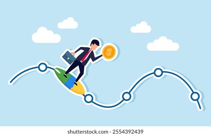 A businessman carrying a dollar coin while riding a surfboard gliding along a line, illustration of precise business financial policies keeping the business on the right track