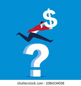Businessman carrying dollar crosses question mark