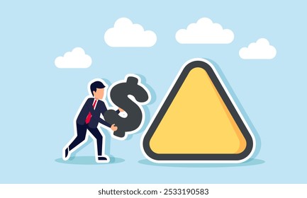 Un hombre de negocios que lleva un signo de dólar se acerca a una señal de advertencia triangular, ilustración de precaución y conciencia sobre el valor decreciente del dólar  