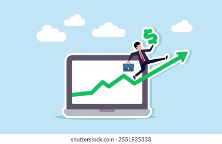 Empresário carregando um símbolo de dólar andando em um gráfico verde em ascensão saindo de um notebook, ilustração da análise de negócios para aumentar a receita e o lucro