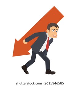 Businessman carrying down arrow. Trader, vector illustration.