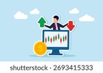 Businessman carrying up and down arrows emerging from behind a monitor displaying a company stock candlestick chart with dollar coins nearby illustration of business valuation fluctuation