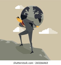 Businessman carrying the earth on his shoulders and climbing a mount. Vector, Illustration.