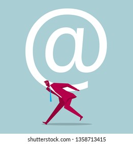 Businessman carrying email symbol. Isolated on blue background.