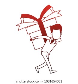 Businessman carrying giftbox on red lines