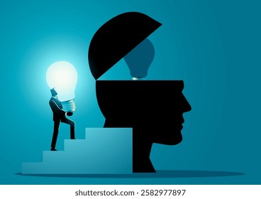 Businessman carrying a glowing light bulb to replace a dead one inside a human head. Symbolizing fresh ideas, innovation, mentorship, creative thinking, problem solving, and knowledge sharing