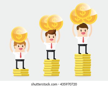 businessman carrying gold coins and standing on pedestal. 