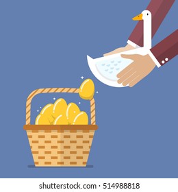 Businessman carrying goose with golden egg into basket. Business concept