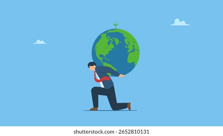 Businessman carrying green globe with seedling plant on his shoulder. Symbolizes world leader commitment to take care our planet earth. Climate change and global warming responsibility.