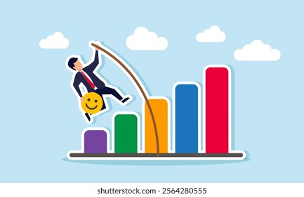 A businessman carrying a happy emoticon, trying to pass through a chart using a long wooden stick, illustration of efforts to increase market attention