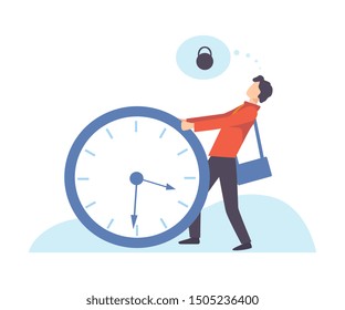 Businessman Carrying Heavy Big lock, Organization and Control of Working Time, Time Management Business Concept Flat Vector Illustration