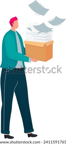 Businessman carrying heavy box of papers, overwhelmed with workload. Office worker with documents, stress at work vector illustration.