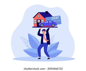 Businessman carrying heavy burden of house and car debts. Man overcoming financial problem flat vector illustration. Loan, property, bankruptcy concept for banner, website design or landing web page